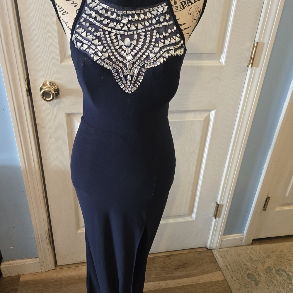 B Darlin Navy Dress with Embellished Neckline